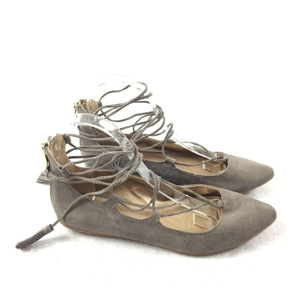 BCBGeneration Zaidee Ballet Flats Size 6.5 Taupe Gray Pointed Toe Gladiator Wrap